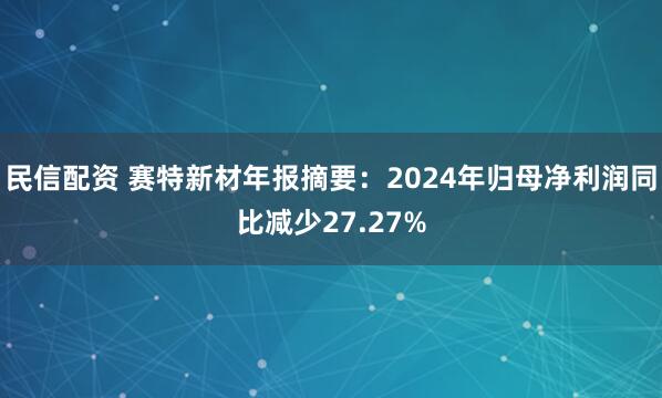民信配资 赛特新材年报摘要：2024年归母净利润同比减少27.27%